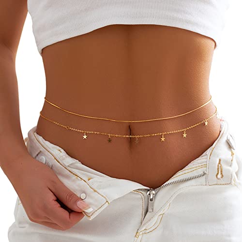 Crystal Waist Body Chain Jewelry Summer Beach Bikini Stars Moon Belly Chains Boho Gold Thin Waist Chain Metal Simple Crystal Belly Body Chain Jewelry for Women