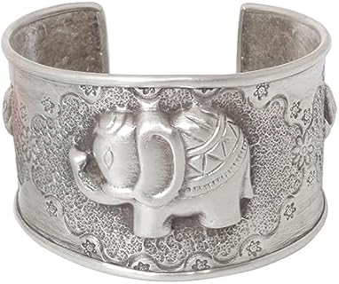 NOVICA Artisan Handmade Sterling Silver Cuff Bracelet No Stone Thailand Aluminum Gray Animal Themed Good Luck Hill Tribe Elephant [6.25 in L (end to End) x 1.7 in W] ' Hill Tribe Elephants'