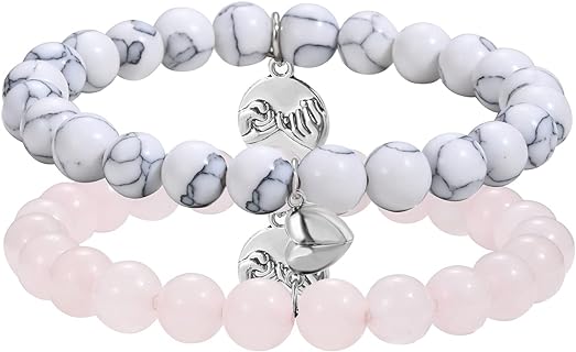 Magnetic Bead Bracelet with Bead Chain for Couples, Natural Stone Stainless Steel Stretch Design, No Gemstone Included, Perfect Valentine's Day Gift