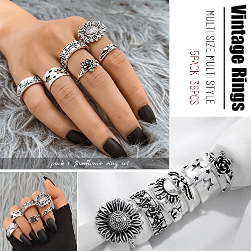 36Pcs Ring Set, Knuckle Rings for Women Girls, Vintage Silver Aesthetic Rings, Turquoise Ring, Crystal Rings, Boho Retro Stone Stackable Ring Sets, Western Jewelry, Gift for Her