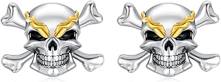 Moonstone Pirate Stud Earrings with Sterling Silver - Gothic Skull and Crossbones Jewelry for Men and Women with Pushback Design