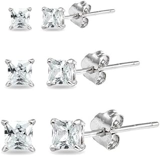 3-Pairs Sterling Silver 2mm 3mm & 4mm Cubic Zirconia Princess-Cut Square Multipack CZ Stud Earrings Jewelry Set for Women Girls Men