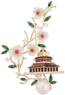 14K Gold Handmade Brooch with Freshwater Pearl and Moissanite, Chinese Forbidden City-Inspired Design - Luxurious Pin Clasp Accessory