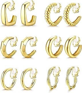 Non-Piercing Gold Hoop Clip-On Earrings Set from FUNRUN JEWELRY for Women - Chunky Design with High-Gloss Diamond Texture, Made of Durable Zinc Alloy - Ideal Gift Choice for Special Occasions