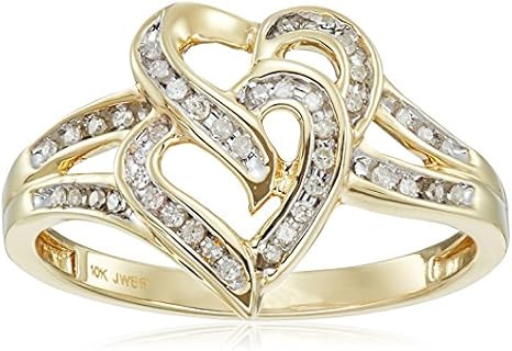 10K Yellow Gold Diamond Two Hearts Ring for Women - Elegant IJ I2-I3 Grade Diamond Statement Rings with Slim Shank Design