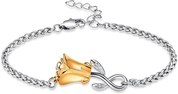Rose Flower Stainless Steel Urn Bracelet with Lobster Claw Clasp and Adjustable Link Chain for Women, Memorial Keepsake Jewelry - Elegant and Durable Design