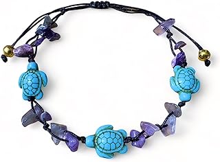 LAVIP Leather Purple Amethyst Color Bead Turtle in Turquoise Anklet or Bracelet 26 cm.Handmade Tiger Eye Stone Beads