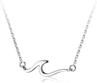 Ocean Wave Necklace for Women Teen Girls 925 Sterling Silver 18K White Gold Plated Minimalist Line Pendant Choker Necklace Adjustable Chain 18" Sea Beach Summer Jewelry Gift for Surfer Lover