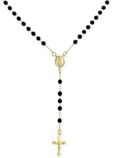 Religious Black Bead Blessed Mother Virgin Mary Rosary Beads Crucifix Cross Necklace For Women Teen 18K Gold Plated