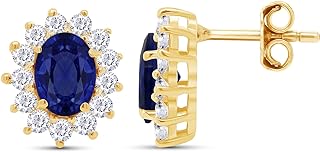 Oval Cut Simulated Blue Sapphire With Cubic Zirconia Halo Stud Earrings In 14K Gold Over Sterling Silver