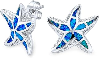 Blue Opal Starfish Stud Earrings with Push Back for Women, Round Sterling Silver Beach-Inspired Jewelry