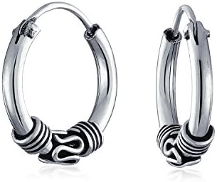 Endless Closure Sterling Silver Bali Tribal Hoop Earrings for Women - Swirl Design in Oxidized .925 Silver - 0.5 Inch Diameter
