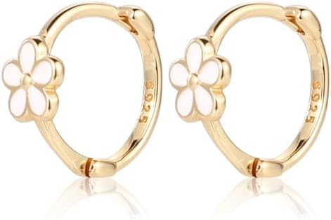 925 Sterling Silver Daisy Hoop Earrings, Flower Hoop Earrings Stylish Round Huggie Earrings Small Floral Daisy Jewelry for Women Pierced Cartilage Earrings Hoop Gifts for Girls(Gold)