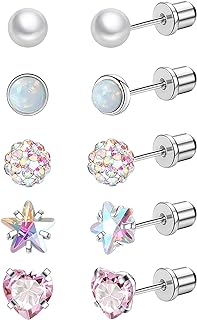 Staligue Hypoallergenic Titanium Stud Earrings with Screw Back, Cubic Zirconia Gem for Women and Girls, Heart & Star Design