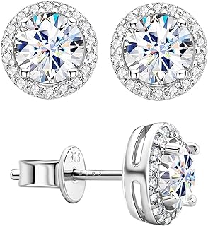 Glamrce Moissanite Halo Round Earrings Stud, 2-4 CTTW (1 carat 6.5mm*2, 2 carats 8mm*2)18K White Gold Plated, Ideal Cut D Color VVSI, Lab Created Diamond with Certificate and Gift Packed