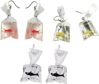RORPOIR 3 Pairs Water Bag Shark Earrings Goldfish Earrings Women Fish Ear Studs Fish in Bag Dangle Earrings Shark Water Bag Earring Crystal Pendants Miss Cartoon Charm Resin