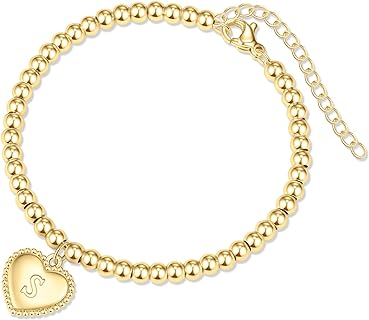 Gold Beaded Heart Initial Bracelets for Women 14K Gold Plated Bead Ball Bracelet Heart Charm Handmade Cute 4MM Round Beads Gold Chain Dainty Bracelet for Teen Girls
