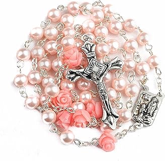 Nazareth Store Catholic Pink Pearl Beads Rosary Necklace Our Rose Flowers, Lourdes Medal & Cross NS
