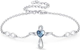 Sterling Silver Angel Wing Anklet with Spring Ring Clasp, Mariner and Box Chains, Gift for Women, Cross and Heart Design