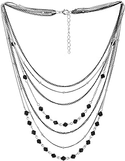 COOLSTEELANDBEYOND Silver Black Statement Collar Necklace Waterfall Multi-Strand Chains Gem Stone Ball Charm Pendant