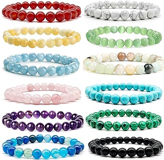 12 PCS Gemstone 8mm Round Beaded Bracelet Set Healing Crystal Stone Stretch Bracelets for Women Girl Men Round Beads Elastic Bracelets