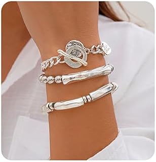 3-Piece Toggle Bead Bracelet Set with Cuban and Bead Chain Links, Alloy Gems for Women and Girls - Boho, Round Ball Bead and Chunky Chain Design