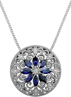Jewel Zone US 925 Sterling Silver Simulated Blue Sapphire & Natural Diamond Filigree Medallion Pendant Necklace