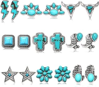 BVGA Western Style 9-Pair Set of Zinc Silver Turquoise Stud Earrings - Vintage Cowgirl Boots, Lightning Cross, & Flower Patterns - Stylish Boho Geometric Design for Women and Girls