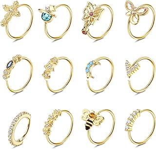 Unique Dochais 12-Piece Nose Ring Set with Cubic Zirconia Gems, Designed for Women, Stainless Steel - Featuring Varied Shapes & Designs for Every Style