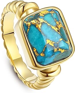 14K Gold Plated Lobster Clasp Turquoise Charm Bracelet for Women, Stainless Steel Twisted Cable Chain with Rectangle Teal Turquoise/Pink Quartz/Spiny Oyster Turquoise Statement Ring Design, Onyx Gemstone, Size 5-10
