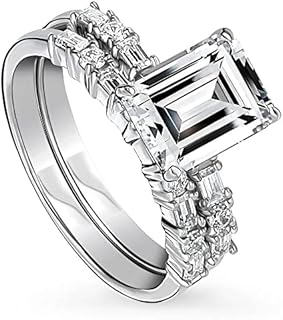 BERRICLE Sterling Silver Solitaire Wedding Engagement Rings 2.1 Carat Emerald Cut Cubic Zirconia CZ Art Deco Ring Set for Women, Rhodium Plated Size 4-10