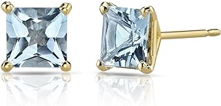 Peora Solid 14K Yellow Gold Aquamarine Stud Earrings for Women, Genuine Gemstone Birthstone Solitaire, Hypoallergenic Princess Cut, 6mm, 1.75 Carats total, Friction Back