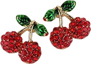 YACQ Women's Crystal Cherry Stud Earrings with Push Back Design - Unique Red Fruit Charm Piercing Jewelry, Lead & Nickel Free, Ultra Light
