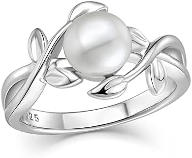 STARCHENIE Pearl Rings with Leaf Wedding Engagement Ring for Women Sterling Silver Ring size5-10
