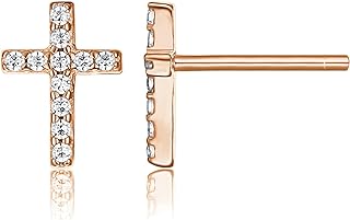 S925 Sterling Silver Religious Small Tiny Cross Stud Earrings for Women & Girls with Clear Cubic Zirconia Fashion Jewelry