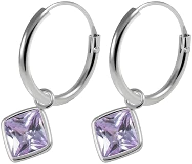 Square Lavender Cubic Zirconia 16 Gauge Sterling Silver Hinged Hoop Earrings - Modern Style & Comfort with Classic Elegance