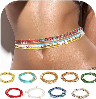 Poxtex 9pcs African Waist Beads for Women, Summer Layered Elastic Belly Beads for Beach Bikini, Colorful Stretch Waist Beaded Body Chain Jewelry, Body Accessories for Women Girls