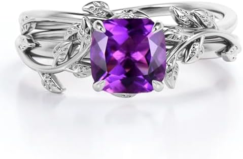 Solid 925 Sterling Silver Alexandrite Vine Leaf Engagement Ring Set, Cushion Cut Alexandrite Wedding Anniversary Rings for Women