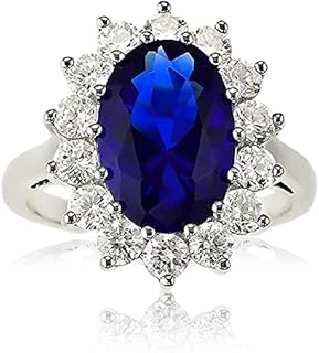 Beaux Bijoux Sterling Silver Large Oval Created Blue Sapphire and Clear Cubic Zirconia Statement Bridal Engagement Princess Diana/Kate Middleton Royal Ring