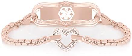 Lauren's Hope Sparkling Rose Gold Custom Engraved Medical Alert Bracelet with Box Chain Design and Heart-Shaped Centerpiece, Medical ID, for Women
