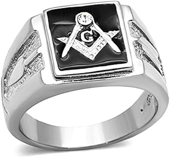 Men's Stainless Steel 316 Crystal Masonic Lodge Freemason Ring Band Size 8-13