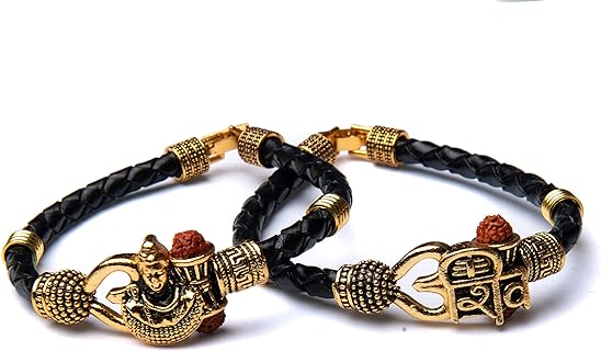 Authentic Brass Bangle Bracelet with Bead Chain and Lobster Claw Clasp - Unisex Mahadev-Themed Jewelry Piece with Lord Shiva and Rudraksha Bead Design - Ideal as Spiritual Gift for Men/Women