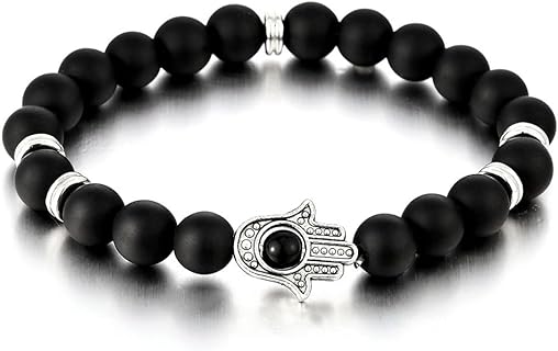 COOLSTEELANDBEYOND Hamsa Hand of Fatima Mens Womens Black Onyx Beads Bracelet, Protection Prayer Mala