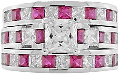 Olicia 3: 6.5ct Simulated Ruby & Ice on Fire CZ 3 pc Wedding Ring Set 925 Silver, 3250-3251