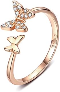 Sterling Silver Cute Butterfly Open Rings for Women Girls Adjustable Birthstone CZ Crystal Dainty Animal Statement Promise Engagement Wedding Ring Eternity Finger Band Delicate Jewelry Gifts Xmas Party