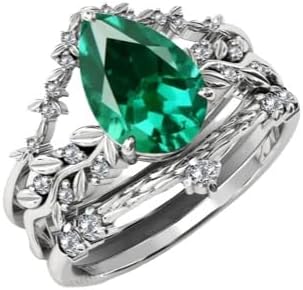 Vine Leaf Design Emerald Engagement Ring Set Pear Shaped 3 CT Emerald Antique Wedding Rings Set For Women Art Deco Emerald Bridal Rings Set