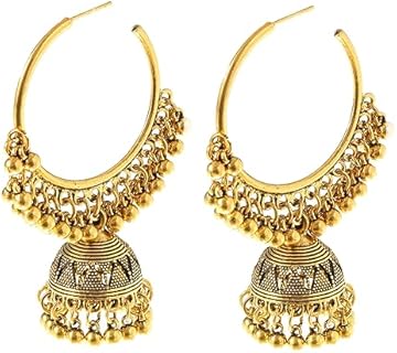 Bohemian Indian Statement Hoop Earrings for Women Girls Gold Plated Vintage Chandelier Bell Drop Huggie Hoops Earring Beaded Mexico Tassel Dainty Hooped for Jhumka Jhumki Traditional Wedding Christmas Jewelry Gifts