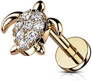 CZ Paved Turtle Nose Ring with Surgical Steel Flat Back Clasp, Ideal for Labret, Monroe, Cartilage Piercings, Crafted from Stainless Steel and Shimmering Cubic-Zirconia