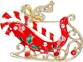 EVER FAITH Red Santa Claus Sleigh Candy Cane Bowknot Brooch Austrian Crystal