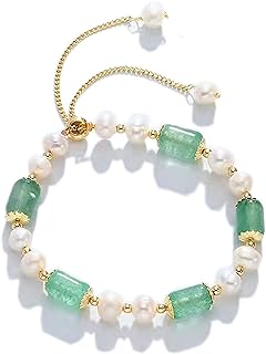 Women's Natural Jade and Gold Pearl Bangle with Bead Chain and Lobster Claw Clasp, Adorned with Aventurine Gemstones - Feng Shui Healing Crystal Bracelet Design